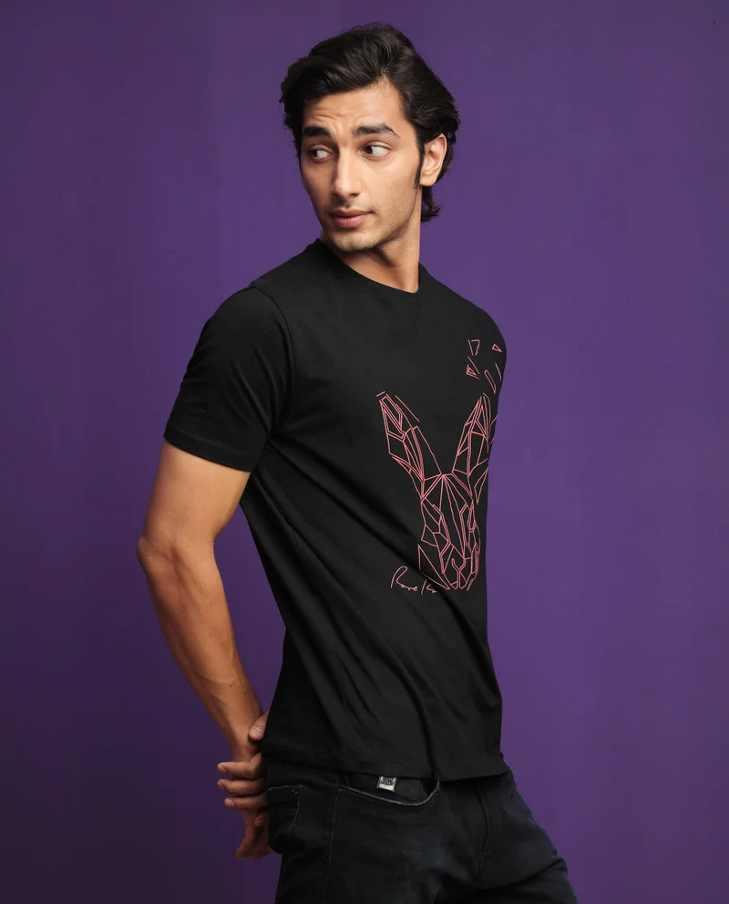 Rare Rabbit Rare Rabbit Mens Flames 2 Black Cotton Lycra Fabric Short Sleeves Crew Neck Slim Fit T-Shirt