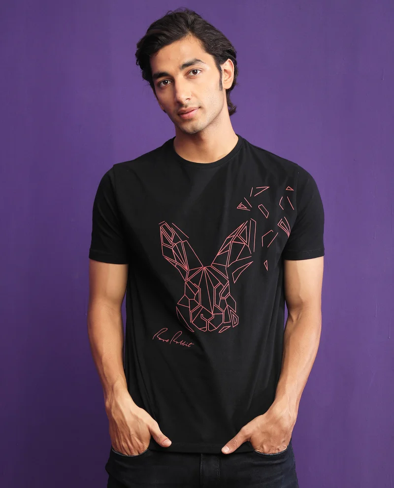 Rare Rabbit Rare Rabbit Mens Flames 2 Black Cotton Lycra Fabric Short Sleeves Crew Neck Slim Fit T-Shirt
