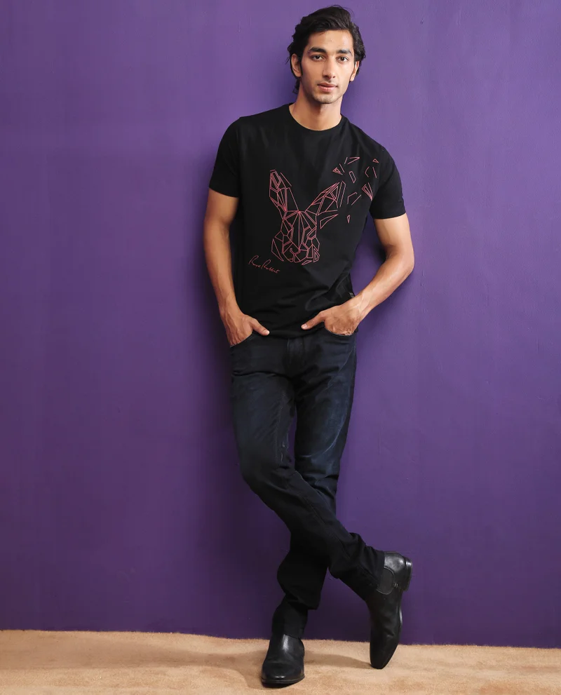 Rare Rabbit Rare Rabbit Mens Flames 2 Black Cotton Lycra Fabric Short Sleeves Crew Neck Slim Fit T-Shirt