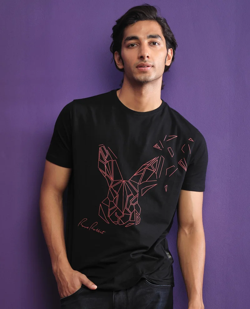 Rare Rabbit Rare Rabbit Mens Flames 2 Black Cotton Lycra Fabric Short Sleeves Crew Neck Slim Fit T-Shirt