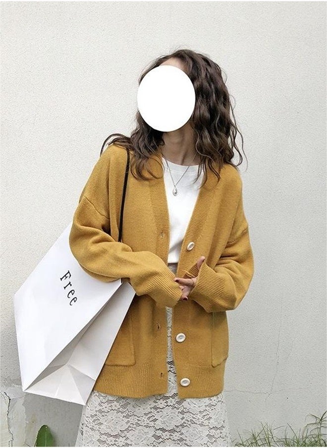 roaiss - Ladies Solid Color Knitted Jacket Ladies V Neck Loose Cardigan Ladies Long Sleeve Sweater Jacket Large Pocket Design Loose Preppy Style Ladies Knitted Sweater - Image 1