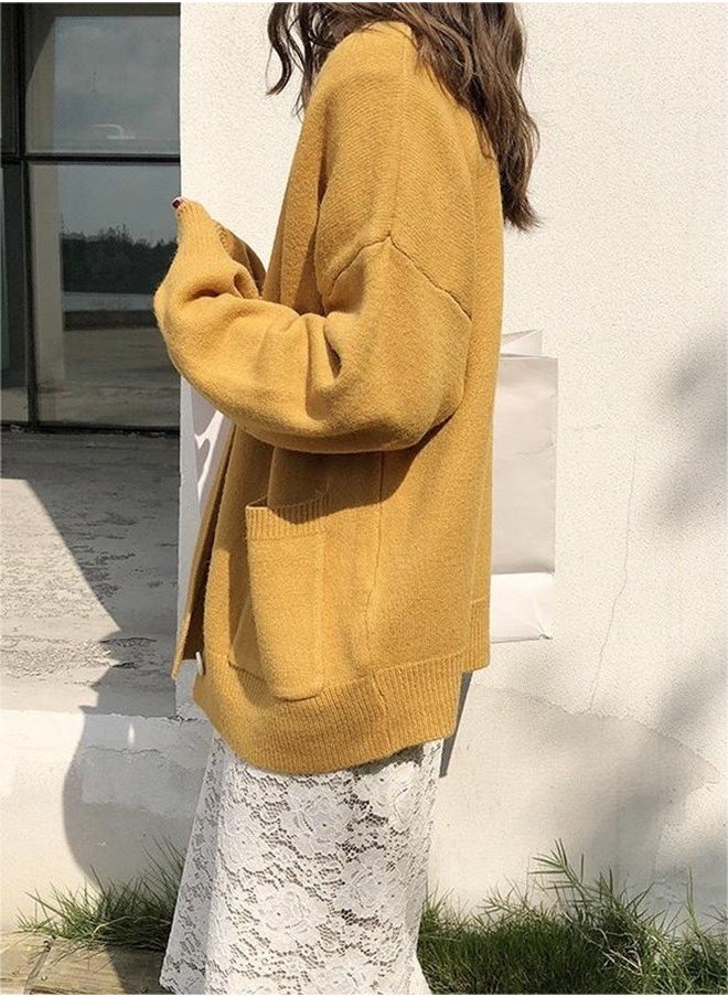 roaiss - Ladies Solid Color Knitted Jacket Ladies V Neck Loose Cardigan Ladies Long Sleeve Sweater Jacket Large Pocket Design Loose Preppy Style Ladies Knitted Sweater - Image 1