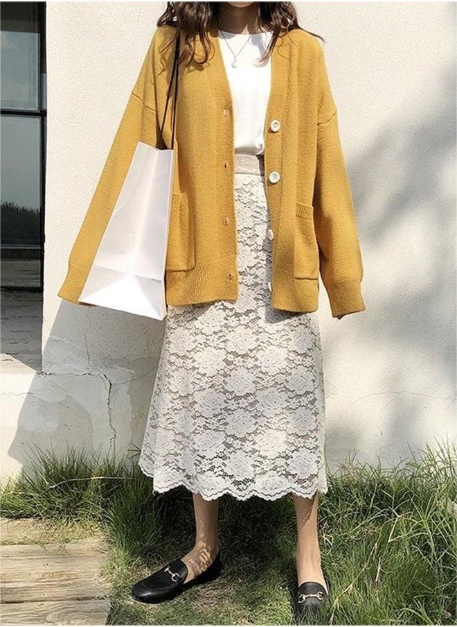 roaiss - Ladies Solid Color Knitted Jacket Ladies V Neck Loose Cardigan Ladies Long Sleeve Sweater Jacket Large Pocket Design Loose Preppy Style Ladies Knitted Sweater - Image 1