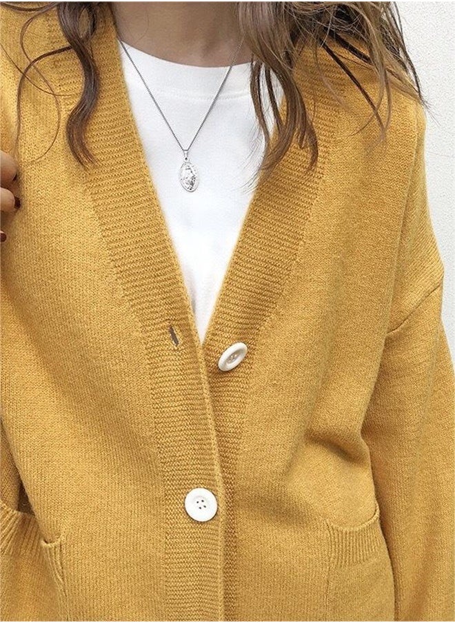 roaiss - Ladies Solid Color Knitted Jacket Ladies V Neck Loose Cardigan Ladies Long Sleeve Sweater Jacket Large Pocket Design Loose Preppy Style Ladies Knitted Sweater - Image 1
