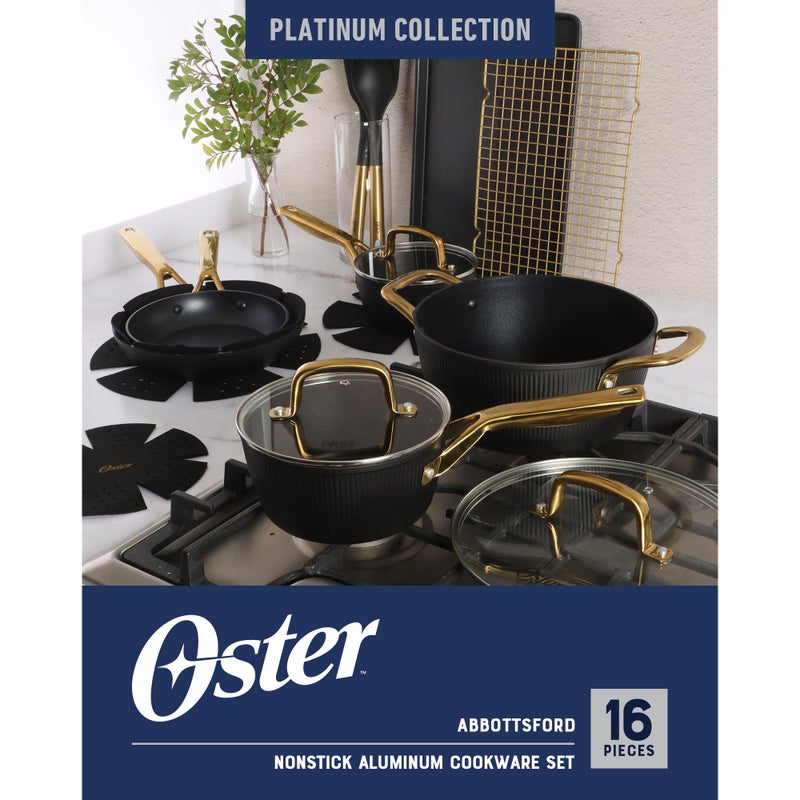 Oster Platinum Abbottsford 16 Piece Aluminum Pots and Pans PFA Free Ceramic Non stick Induction Kitchen Cookware Set - Black W/Gold - Image 2