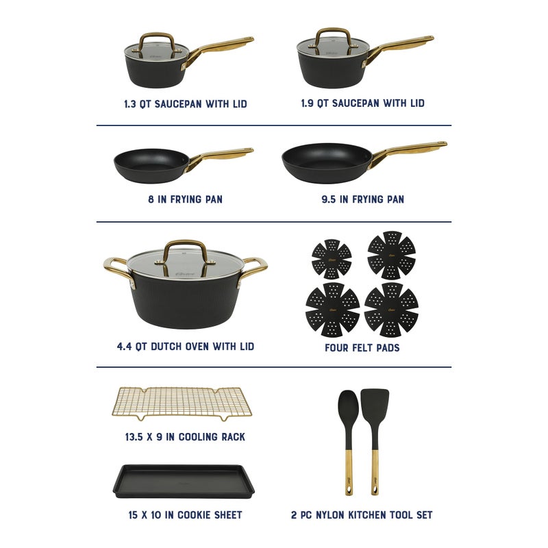 Oster Platinum Abbottsford 16 Piece Aluminum Pots and Pans PFA Free Ceramic Non stick Induction Kitchen Cookware Set - Black W/Gold - Image 3