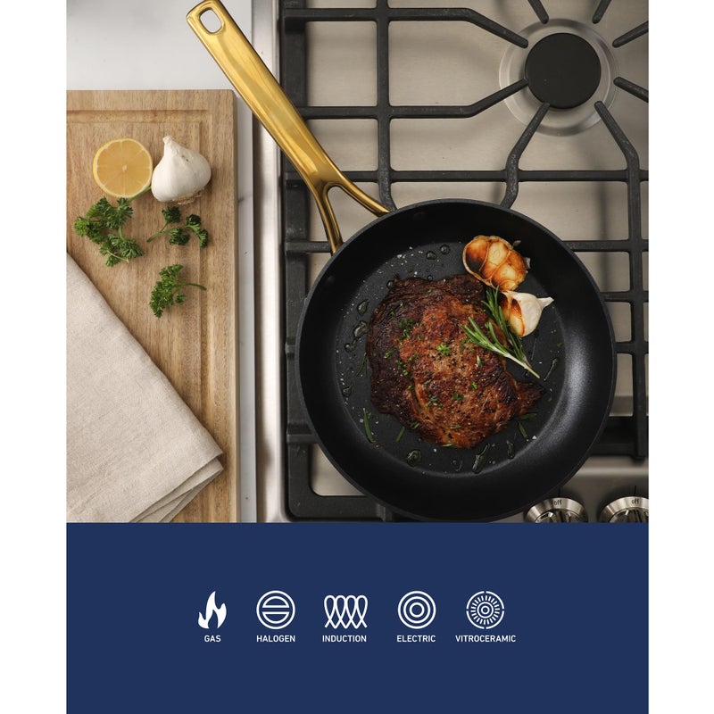 Oster Platinum Abbottsford 16 Piece Aluminum Pots and Pans PFA Free Ceramic Non stick Induction Kitchen Cookware Set - Black W/Gold - Image 4