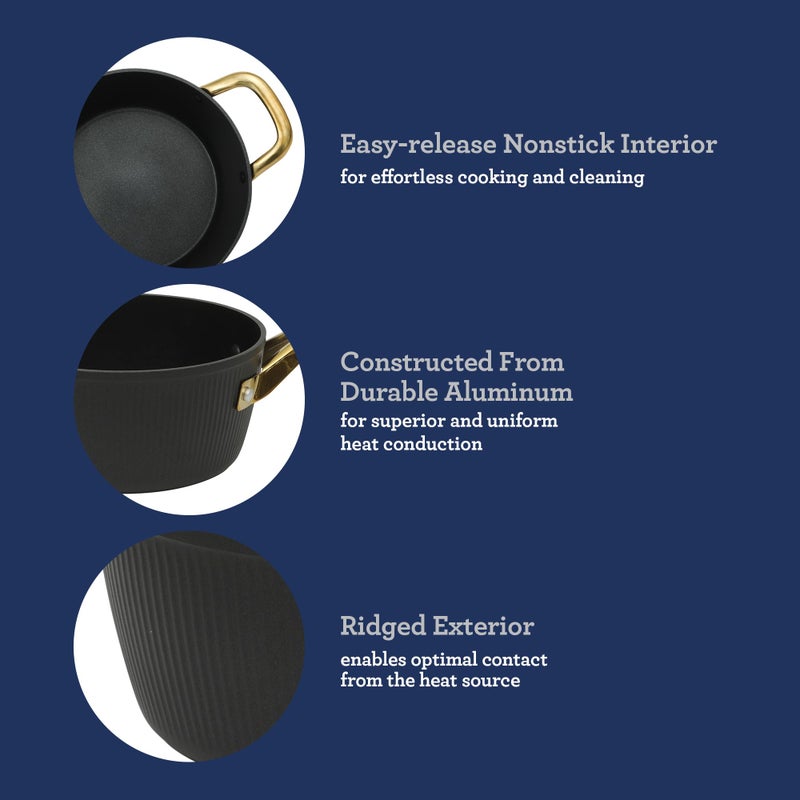 Oster Platinum Abbottsford 16 Piece Aluminum Pots and Pans PFA Free Ceramic Non stick Induction Kitchen Cookware Set - Black W/Gold - Image 5