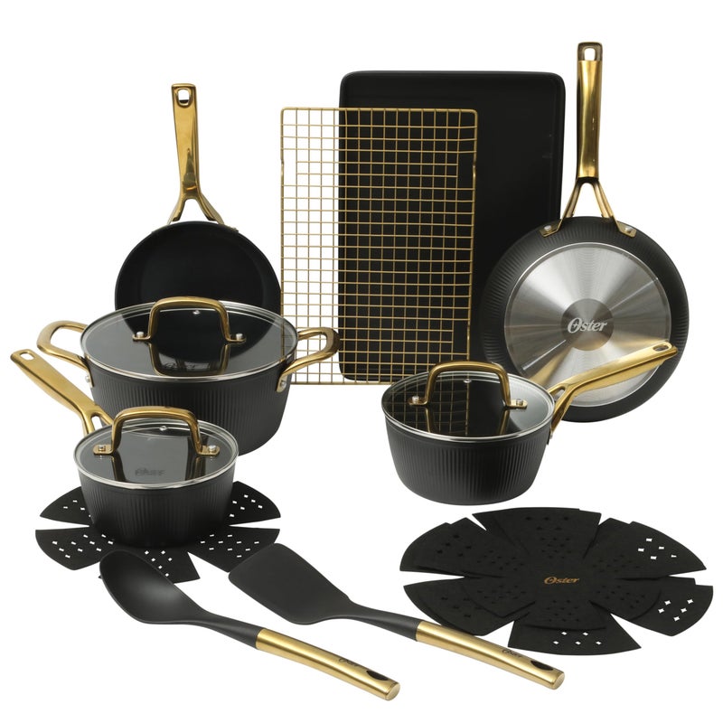 Oster Platinum Abbottsford 16 Piece Aluminum Pots and Pans PFA Free Ceramic Non stick Induction Kitchen Cookware Set - Black W/Gold - Image 1