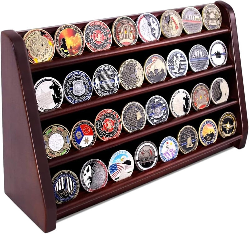 ASmileIndeep 4 Rows Military Wooden Challenge Coin Display Case - Wall Mountable Army Holder Stand Rack, Holds 32 Coins, Mahogany - Image 1