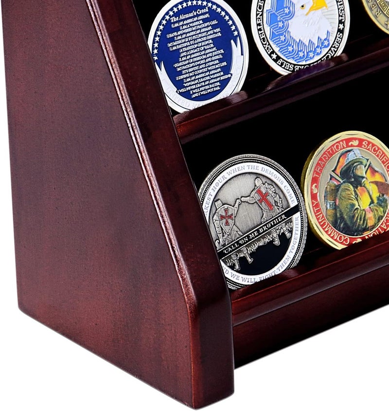 ASmileIndeep 4 Rows Military Wooden Challenge Coin Display Case - Wall Mountable Army Holder Stand Rack, Holds 32 Coins, Mahogany - Image 4