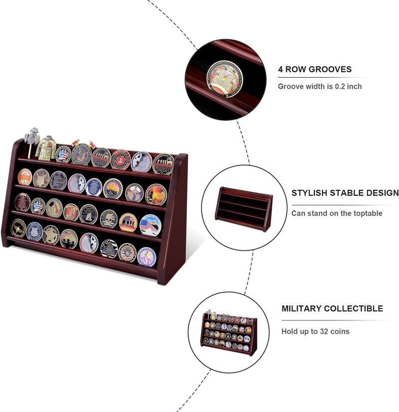 ASmileIndeep 4 Rows Military Wooden Challenge Coin Display Case - Wall Mountable Army Holder Stand Rack, Holds 32 Coins, Mahogany - Image 3