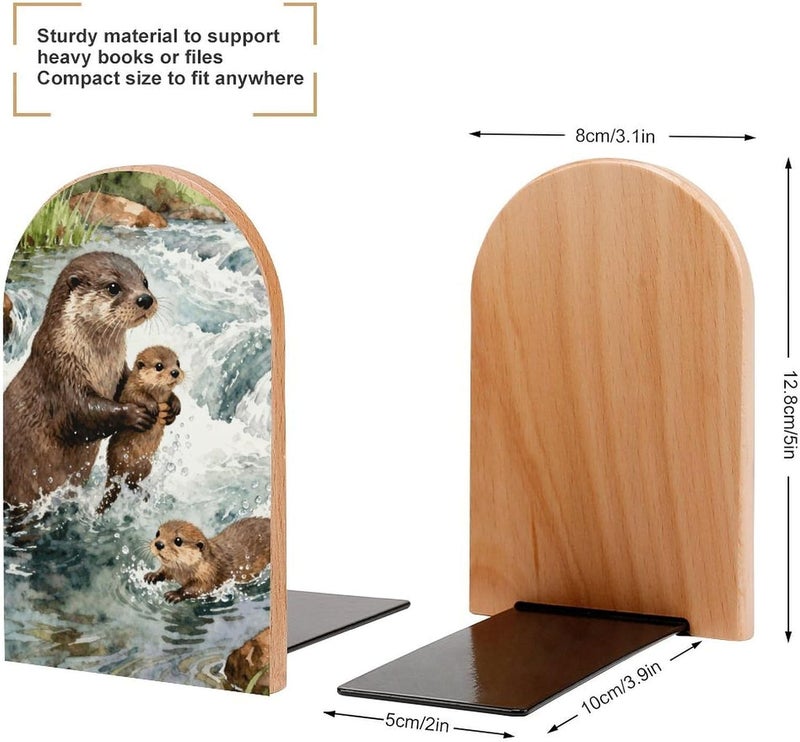Otter Bookends 1 Pair Solid Natural Wooden Book Ends, Duty Cute Book Stoppers, Decorative Book Holders for Home Office Desk Shelf, Perfect for Students, Book Lovers - Image 2