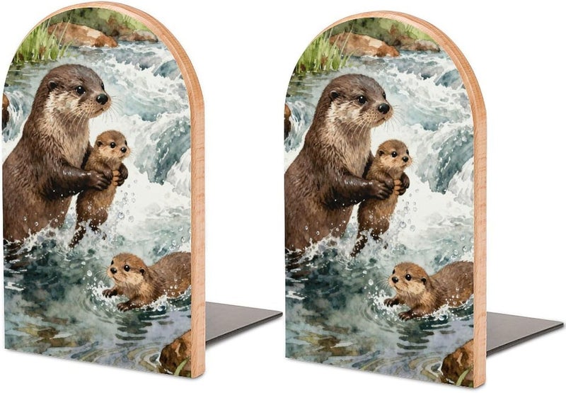 Otter Bookends 1 Pair Solid Natural Wooden Book Ends, Duty Cute Book Stoppers, Decorative Book Holders for Home Office Desk Shelf, Perfect for Students, Book Lovers - Image 1