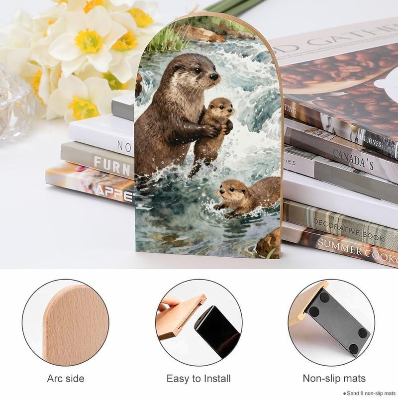 Otter Bookends 1 Pair Solid Natural Wooden Book Ends, Duty Cute Book Stoppers, Decorative Book Holders for Home Office Desk Shelf, Perfect for Students, Book Lovers - Image 4