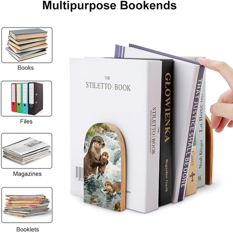 Otter Bookends 1 Pair Solid Natural Wooden Book Ends, Duty Cute Book Stoppers, Decorative Book Holders for Home Office Desk Shelf, Perfect for Students, Book Lovers - Image 3