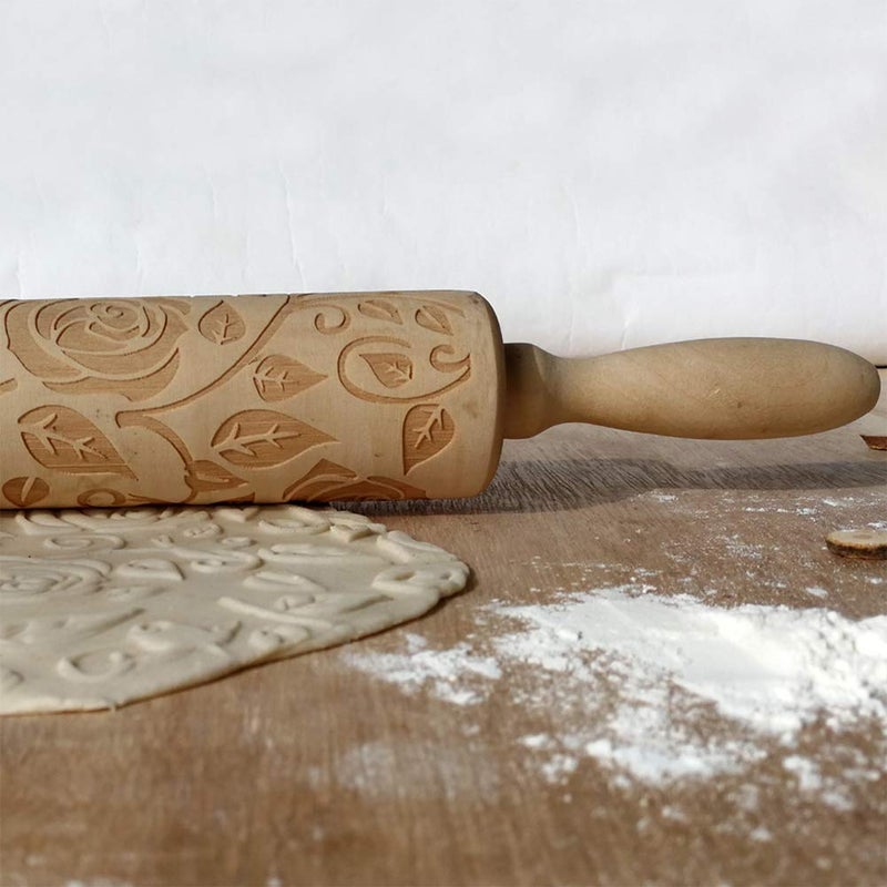 CfoPiryx Wooden Rolling Pin Rose Flower Embossed Engraved Carved Rolling Pin Valentine'S Day Diy Cookies Biscuit Fondant Cake Dough Roller Baking Tool (Wood Color) - Image 5
