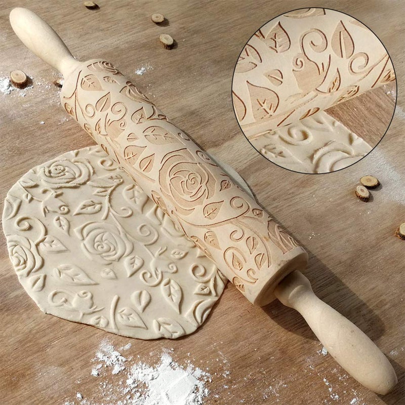CfoPiryx Wooden Rolling Pin Rose Flower Embossed Engraved Carved Rolling Pin Valentine'S Day Diy Cookies Biscuit Fondant Cake Dough Roller Baking Tool (Wood Color) - Image 4