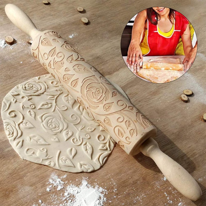 CfoPiryx Wooden Rolling Pin Rose Flower Embossed Engraved Carved Rolling Pin Valentine'S Day Diy Cookies Biscuit Fondant Cake Dough Roller Baking Tool (Wood Color) - Image 3