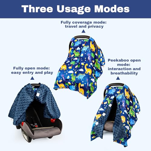Hooyax Peekaboo Car Seat Cover for Baby Boy - Warm Minky Carseat Canopy with Adjustable Opening, Universal Fit for Infant Car Seats & Strollers, Soft Nursing Cover & Blanket (Dinosaur) - Image 3