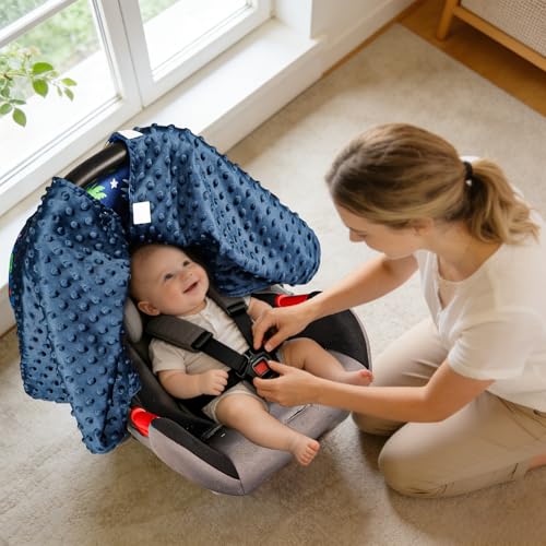 Hooyax Peekaboo Car Seat Cover for Baby Boy - Warm Minky Carseat Canopy with Adjustable Opening, Universal Fit for Infant Car Seats & Strollers, Soft Nursing Cover & Blanket (Dinosaur) - Image 4