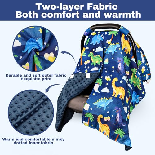 Hooyax Peekaboo Car Seat Cover for Baby Boy - Warm Minky Carseat Canopy with Adjustable Opening, Universal Fit for Infant Car Seats & Strollers, Soft Nursing Cover & Blanket (Dinosaur) - Image 2