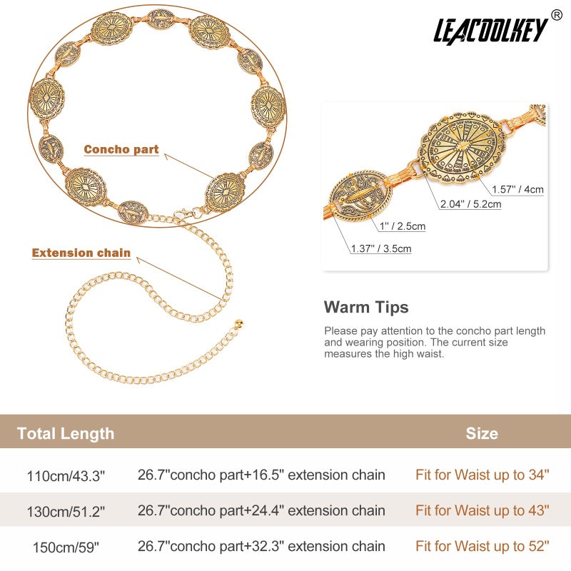 LEACOOLKEY Women Gold Western Concho Chain Belt Boho Metal Western Cowgirl Chain Belt for Dress Adjustable - Image 3