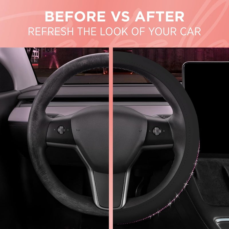 Carbella BDK Bling Bling Diamond Leather Steering Wheel Cover with 9 Rows Crystal Rhinestones, Universal Fit 14.5-15.5 Inch for Women/Girls (Pink) - Image 4