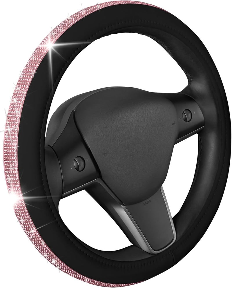 Carbella BDK Bling Bling Diamond Leather Steering Wheel Cover with 9 Rows Crystal Rhinestones, Universal Fit 14.5-15.5 Inch for Women/Girls (Pink) - Image 1