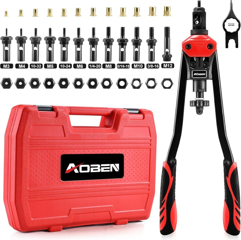 AOBEN أداة صمولة ريفيت 16 بوصة، مجموعة احترافية من أدوات تثبيت صمولة ريفيت مع 12 رأس قابل للتبديل مقاييس و SAE، 145 قطعة من صمامات ريفيت وحقيبة حمل متينة - Image 1