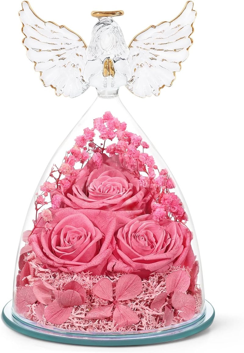 FIACO Preserved Flower Rose Gifts for Women, Forever Eternal Fresh Flowers in Glass Angel Figurines Flowers for Delivery Prime Pink Roses for Grandma Mom Sister Her Wife on Mothers Day Birthday Christmas - Image 1