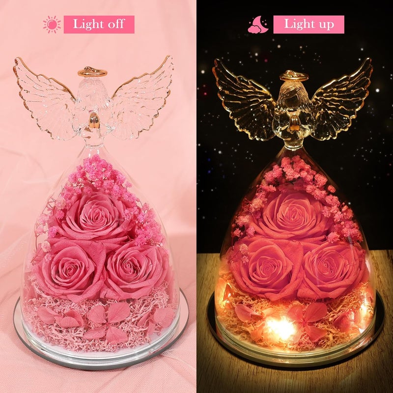 FIACO Preserved Flower Rose Gifts for Women, Forever Eternal Fresh Flowers in Glass Angel Figurines Flowers for Delivery Prime Pink Roses for Grandma Mom Sister Her Wife on Mothers Day Birthday Christmas - Image 3
