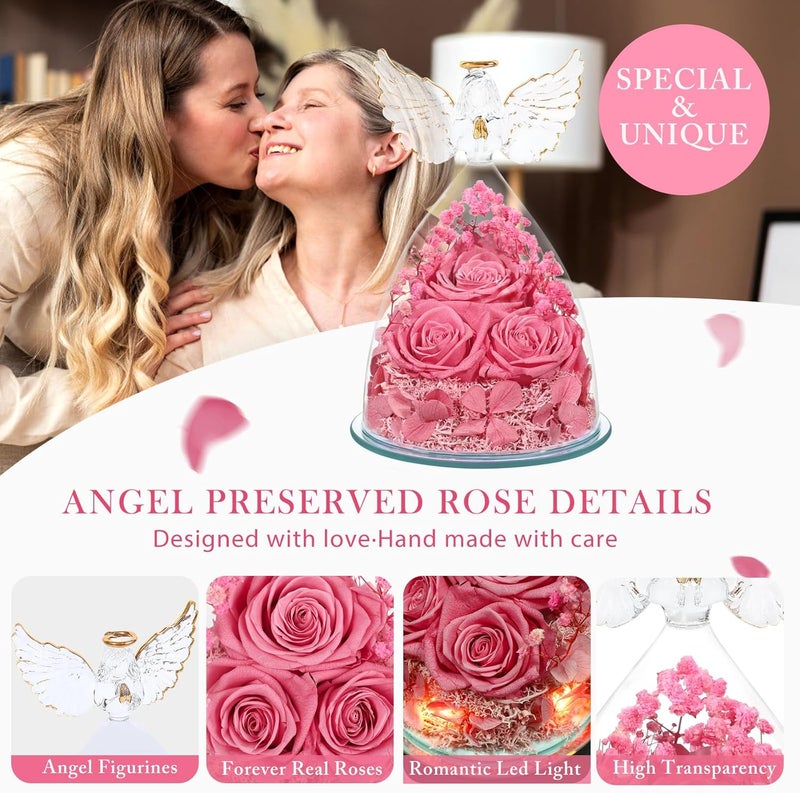 FIACO Preserved Flower Rose Gifts for Women, Forever Eternal Fresh Flowers in Glass Angel Figurines Flowers for Delivery Prime Pink Roses for Grandma Mom Sister Her Wife on Mothers Day Birthday Christmas - Image 4