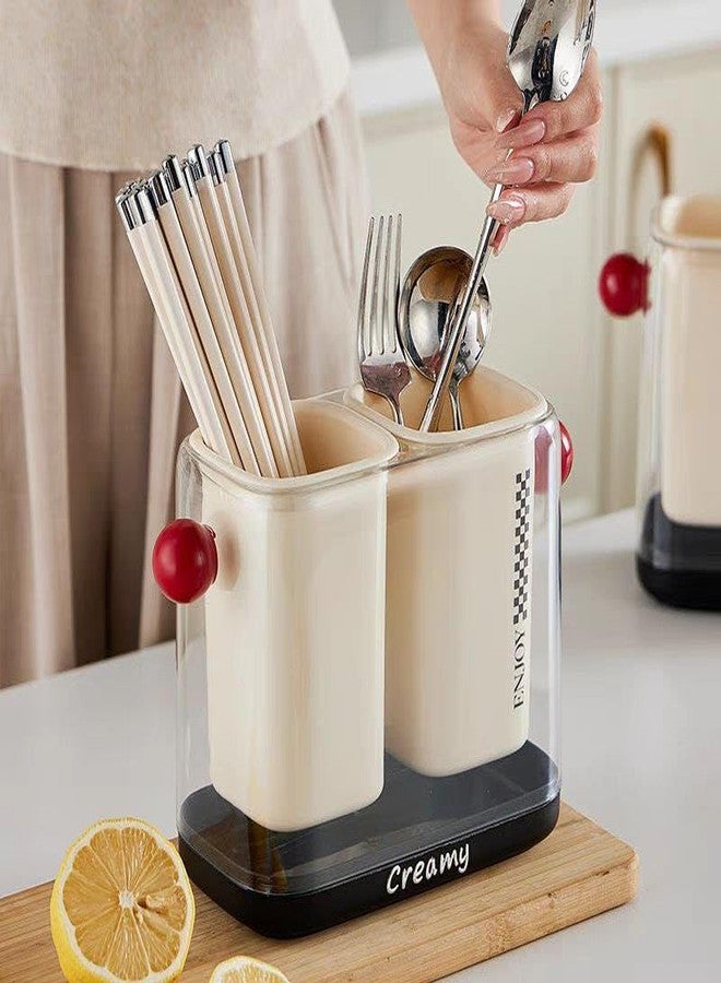 RUDRO IMPEX Kitchen Cutlery and Utensil Holder – Dual Compartments with Drainage Base, Removable Cups for Easy Cleaning, Perfect for Spoons, Forks, Chopsticks – Modern Transparent Design (Creamy Color) - Image 3