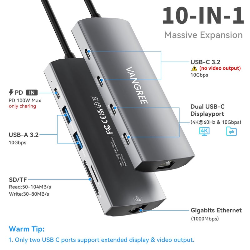 VANGREE USB C Hub with Dual 4K@60Hz Displayports, 2 USB-A & 2 USBC 3.2 10Gbps Ports, 1Gbps Ethernet, 100W PD, SD/TF, USB C Splitter Docking Station for MacBook Pro/Air, iMac, iPad Pro, XPS, Thinkpad, Surface - Image 2