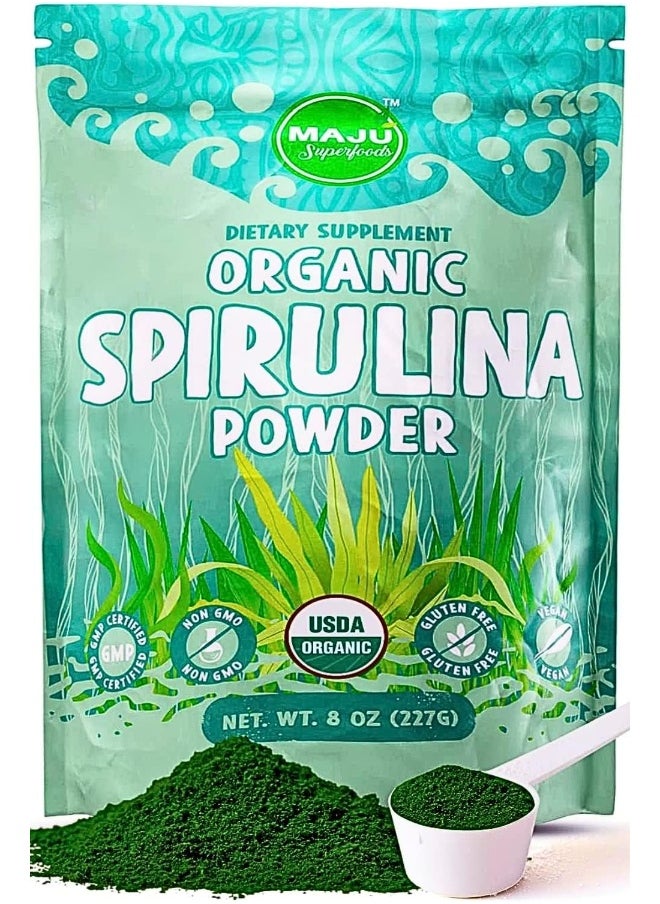 Maju Superfoods MAJU's Spirulina Powder, Microcystin Free, USA Grown, Non-Irradiated, Non-GMO, Preferred to Chlorella, Pesticide-Free, Preferred to Organic Hawaiian & Blue Algae, Pure Vegan Green Protein  - Image 1
