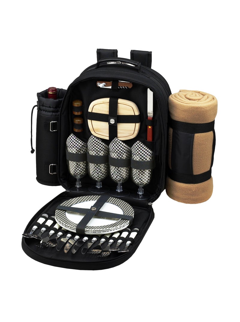 Picnic at Ascot حقيبة نزهة أصلية مزودة بالكامل لـ 4 أشخاص مع حافظة مشروبات معزولة وحامل نبيذ وبطانية مصممة ومجمعة في الولايات المتحدة الأمريكية