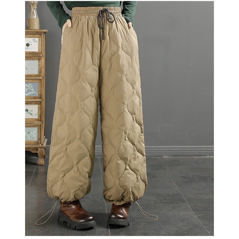2023 Winter Artistic Elastic Waist Quilted Trousers for Women Warm Windproof Green  - Image 2