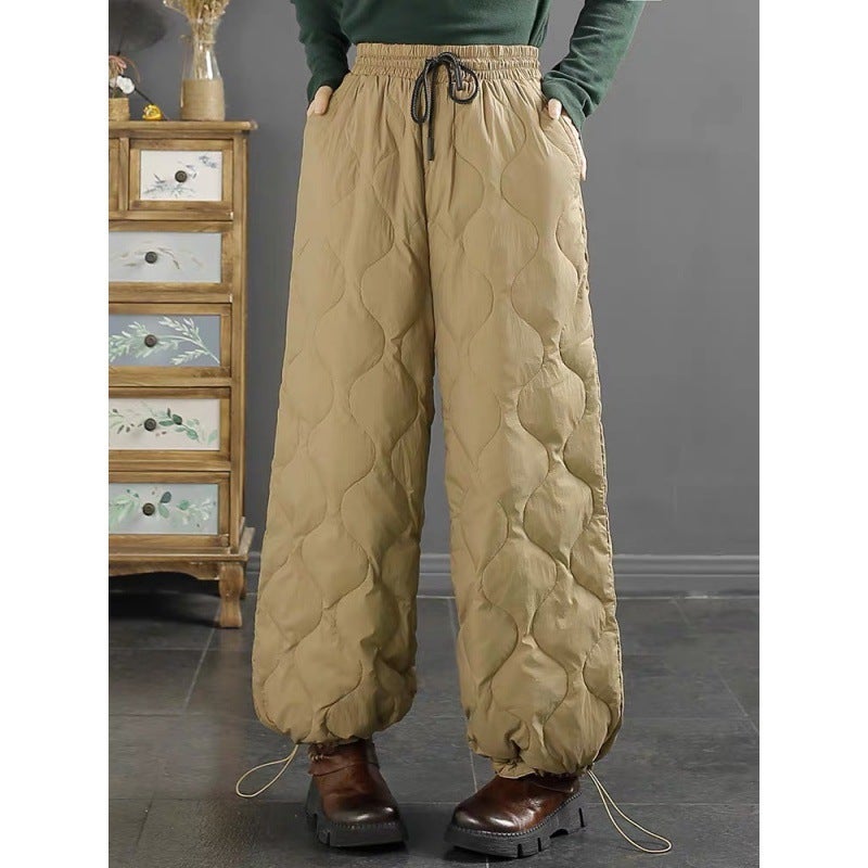 2023 Winter Artistic Elastic Waist Quilted Trousers for Women Warm Windproof Green  - Image 5