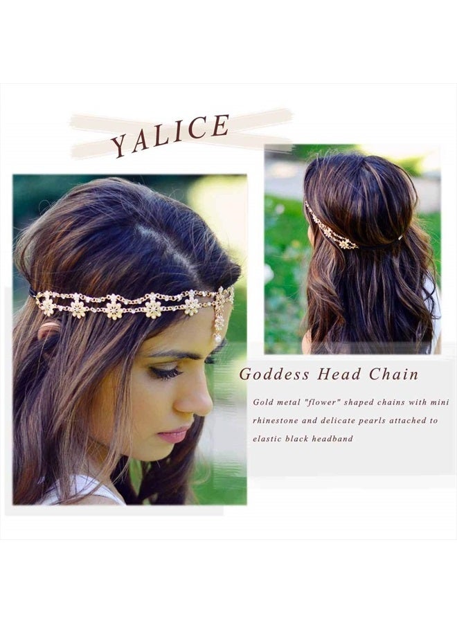 Yalice إكسسوار رأس زهور هندي مجوهرات ذهبية كريستالية رباط رأس مرن قطع إلهية مجوهرات سلسلة شعر زفاف للنساء والفتيات (ذهبي-1) - Image 5