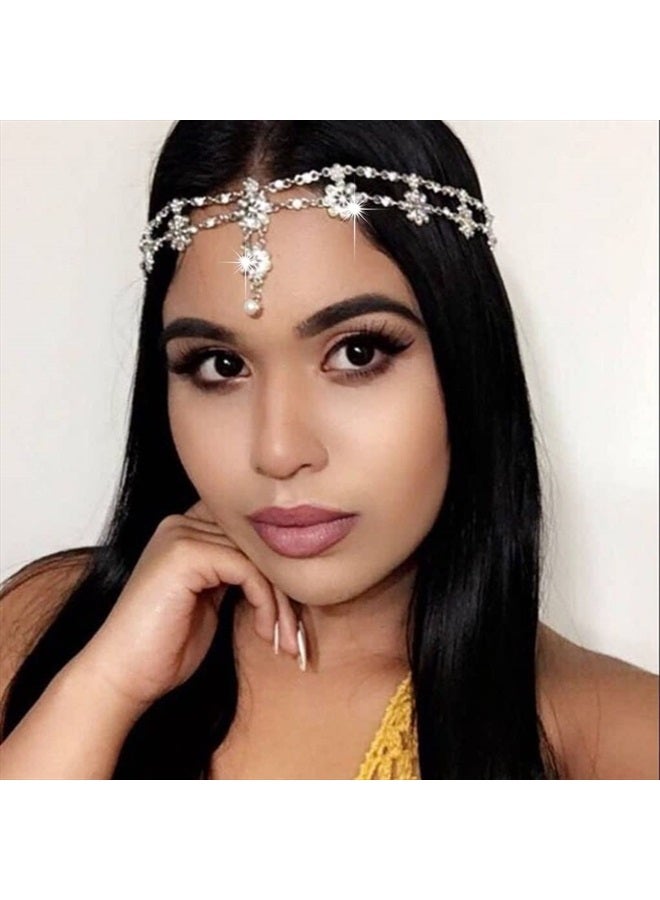 Yalice إكسسوار رأس زهور هندي مجوهرات ذهبية كريستالية رباط رأس مرن قطع إلهية مجوهرات سلسلة شعر زفاف للنساء والفتيات (ذهبي-1) - Image 1