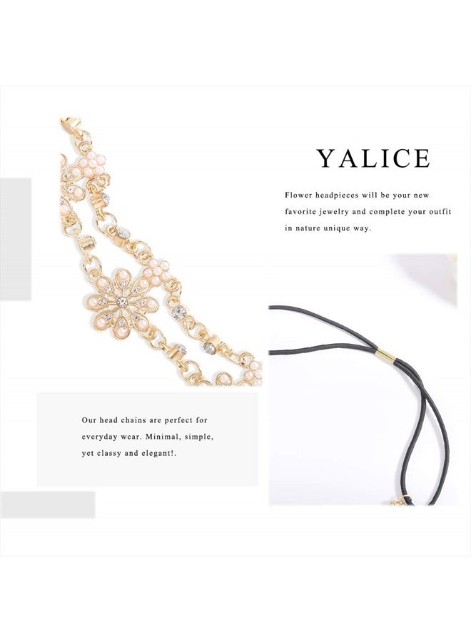 Yalice إكسسوار رأس زهور هندي مجوهرات ذهبية كريستالية رباط رأس مرن قطع إلهية مجوهرات سلسلة شعر زفاف للنساء والفتيات (ذهبي-1) - Image 4