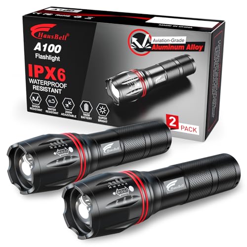 HAUSBELL A100 LED EDC Flashlights High Lumens,Bright, Zoomable, Waterproof, Powerful, Emergency Tactical LED Flashlights for Home and 5 Modes, Flashlight for Camping Gear、Hiking、Walking（2Pack） - Image 1