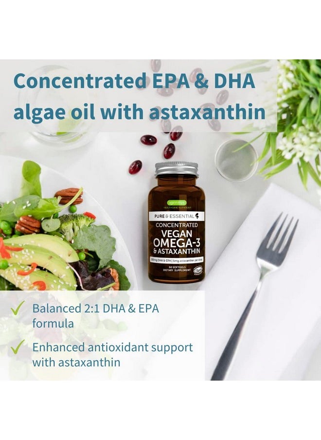 Igennus Healthcare Nutrition - Pure & Essential Vegan Omega 3 & Astaxanthin High Concentration Epa Dha Algae Oil Sustainable & Pure 600Mg Dha & Epa For Heart Brain & Eye Health 60 Small Softgels - Image 1