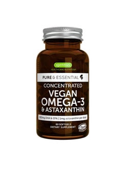 Pure & Essential Vegan Omega 3 & Astaxanthin High Concentration Epa Dha Algae Oil Sustainable & Pure 600Mg Dha & Epa For Heart Brain & Eye Health 60 Small Softgels