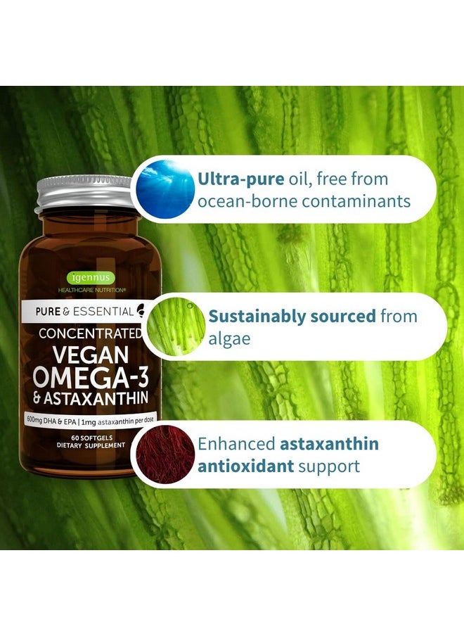 Igennus Healthcare Nutrition - Pure & Essential Vegan Omega 3 & Astaxanthin High Concentration Epa Dha Algae Oil Sustainable & Pure 600Mg Dha & Epa For Heart Brain & Eye Health 60 Small Softgels - Image 1