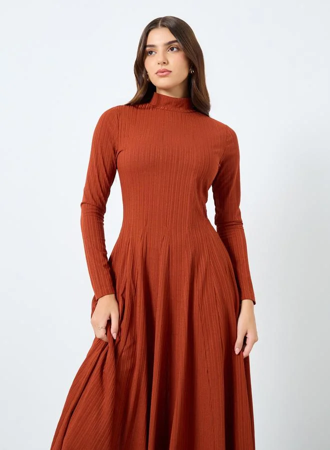 Styli Textured Long Sleeves A-Line Midi Dress