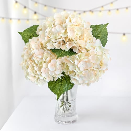 ZYTUYO 3PCS Cream Champagne Hydrangeas Artificial Flower 21 Real Touch Faux Latex Fake Hydrangeas Silk Bouquet for Home Kitchen Living Room Spring Table Office Wedding Party Arrangement - Image 1