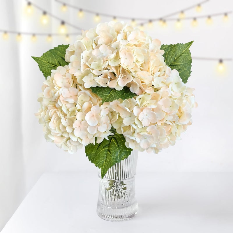 ZYTUYO 3PCS Cream Champagne Hydrangeas Artificial Flower 21 Real Touch Faux Latex Fake Hydrangeas Silk Bouquet for Home Kitchen Living Room Spring Table Office Wedding Party Arrangement - Image 2