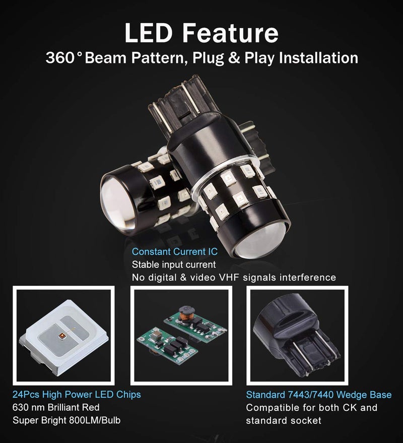 BRISHINE 4-Pack Super Bright 7443 7440 7444 992 T20 LED Bulbs Brilliant Red 9-30V Non-Polarity 24-SMD LED Chipsets with Projector for Brake Tail Lights, Turn Signal Lights - Image 3